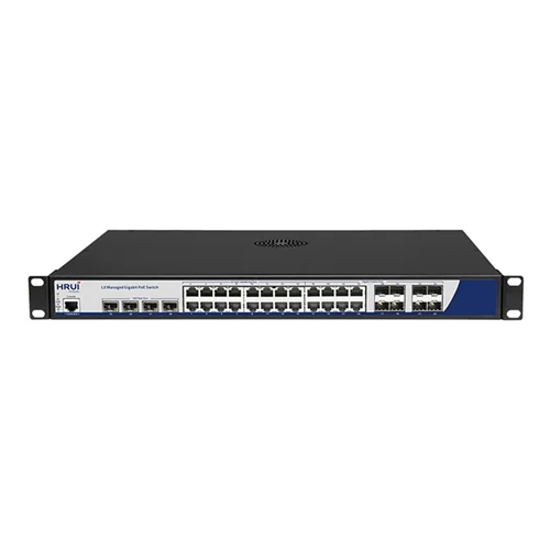سوئیچ شبکه PoE مدیریتی دارای ۲۴ پورت و ۸پورت SFPگیگ و ۴پورت GSFP۱۰ پهنای باند  Gbps۱۲۸اچ آر یو آی HRUI HR-AFGM-SWTG342408S-400