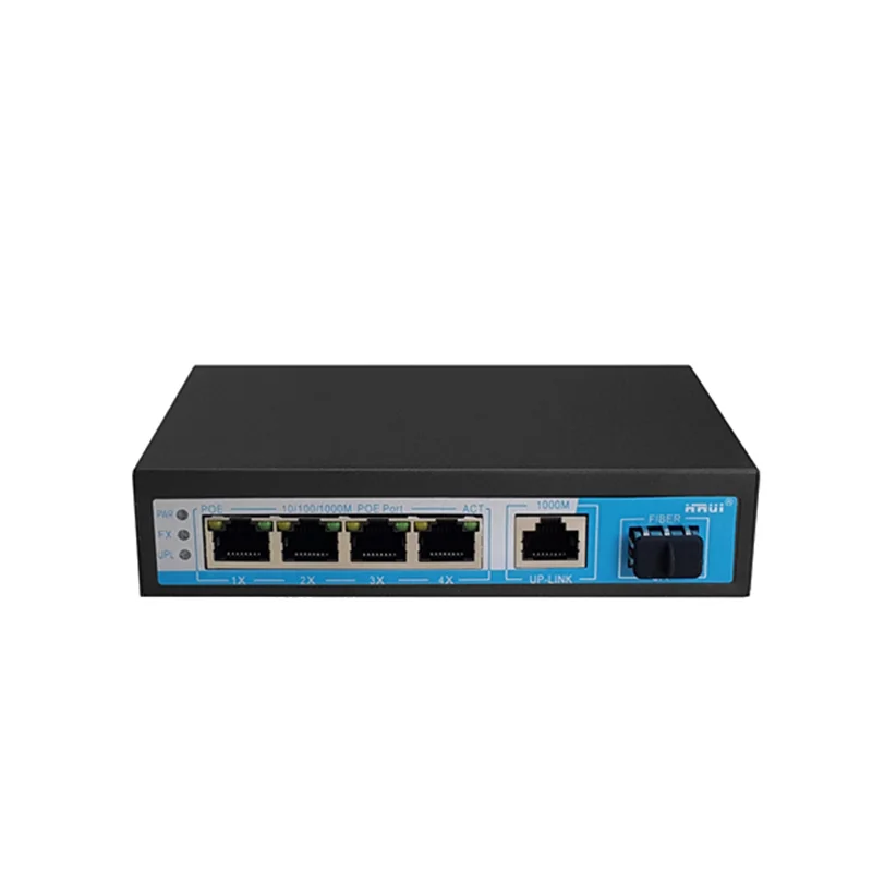 سوئیچ شبکه PoE دارای ۴ پورت و ۱ پورت آپلینک و ۱ پورت SFP گیگ پهنای باند Gbps۱۲ اچ آر یو آی مدل HRUI HR901-AFG-411S