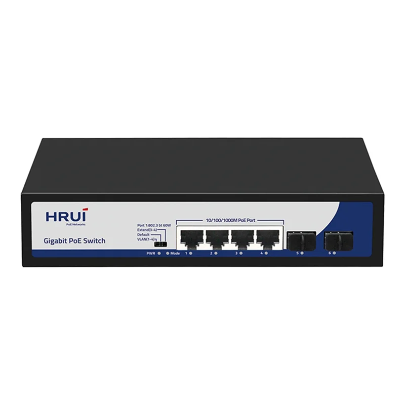 سوئیچ شبکه PoE-Hi دارای ۴ پورت گیگ و ۱ پورت SFP گیگ و ۱ پورت آپلینک گیگ پهنای باند Gbps۱۲ اچ ار یو ای HRUI HR901-AXG-411NS-120