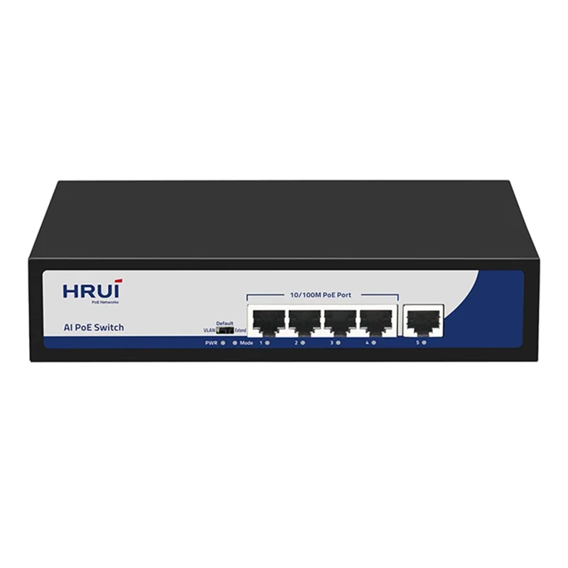 سوئیچ شبکه PoE دارای ۴ پورت و ۱ پورت آپلینک ۱۰۰/۱۰ پهنای باند Gbps۱ اچ ار یو ای مدل HRUI SW HR900-AF-41N