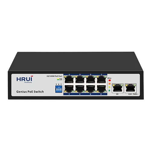 سوئیچ شبکه PoE دارای ۸ پورت ۱۰/۱۰۰ و ۲ پورت آپلینک گیگ پهنای باند Gbps۵.۶ اچ ار یو ای HRUI HR100-AF-8L2GN