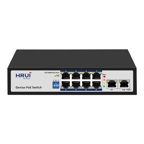 سوئیچ شبکه PoE دارای ۸ پورت ۱۰/۱۰۰ و ۲ پورت آپلینک گیگ پهنای باند Gbps۵.۶ اچ ار یو ای HRUI HR100-AF-8L2GN