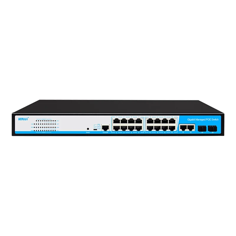 سوئیچ شبکه PoE مدیریتی دارای ۱۶ پورت و۲ پورت آپلینک اترنت گیگ و ۲پورت SFP گیگ Combo پهنای باند Gbps۴۰ اچ ار یو ای HRUI HR-AFGM-1622S-300