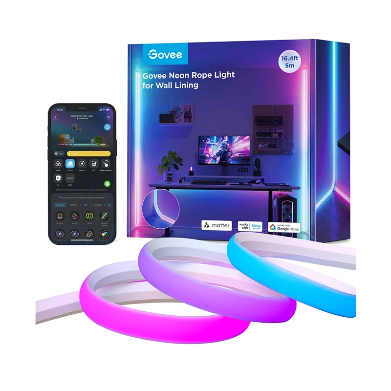 ریسه هوشمند نئون فلکسی قابل برش 5 متری Govee Neon Rope H6641 مناسب  کنج دیوار