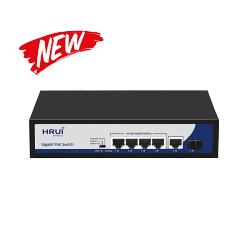 سوئیچ PoE دارای 4 پورت PoE گیگ و 1 پورت Uplink گیگ و 1 پورت Uplink SFP گیگ اچ ار یو ای HRUI HR900-AFG-411NS-120