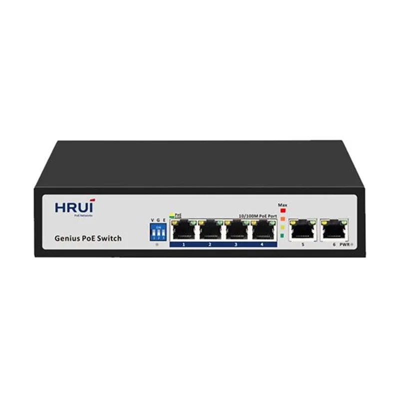 سوئیچ شبکه PoE دارای ۴ پورت و ۲ پورت آپلینک ۱۰۰/۱۰ پهنای باند Gbps۱.۲ اچ ار یو ای مدل HRUI HR100-AF-42N