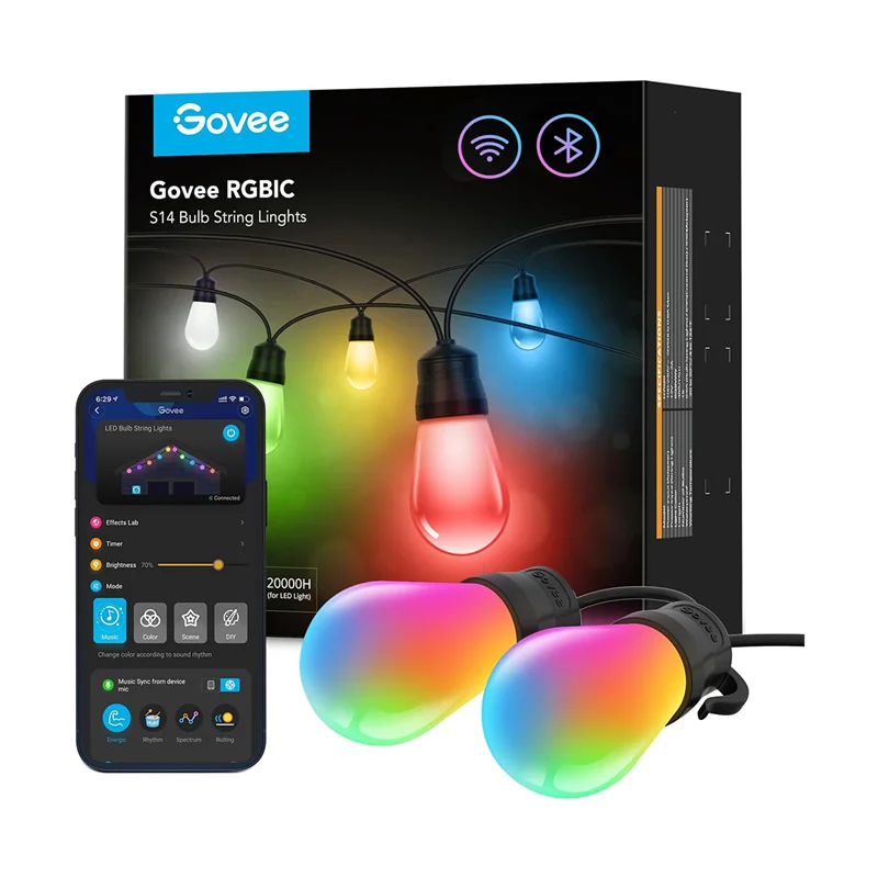 ریسه هوشمند فضای باز 15 متری گووی مدل Govee RGBIC Smart Outdoor S14 Bulb String Lights H7020