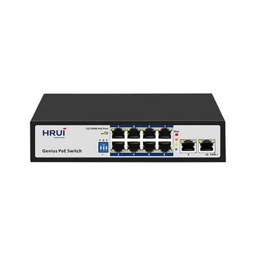 سوئیچ شبکه PoE دارای ۸ پورت و ۲ پورت آپلینک ۱۰/۱۰۰ پهنای باند Gbps۲ اچ ار یو ای HRUI HR100-AF-82N