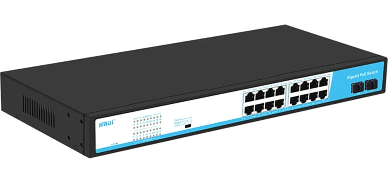 سوئیچ شبکه PoE دارای ۱۶ پورت و ۲ پورت SFP گیگ پهنای باند ۳۶Gbps اچ ار یو ای HRUI HR901-AFG-162S-300