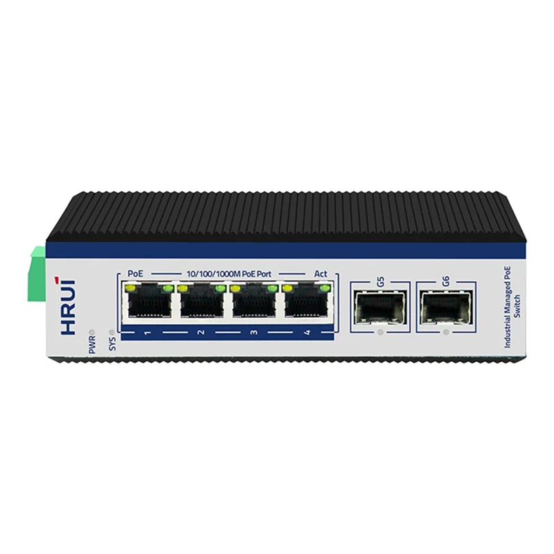 سوئیچ شبکه PoE مدیریتی و صنعتی دارای ۴ پورت گیگ و ۲ پورت SFP گیگ پهنای باند Gbps۱۸ اچ ار یو ای HRUI HR600-AFGM-42S