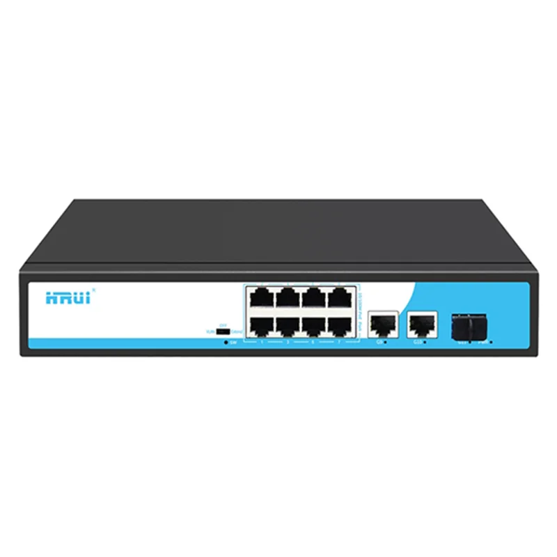 سوئیچ شبکه PoE دارای ۸ پورت ۱۰/۱۰۰ و ۲ پورت آپلینک و ۱ پورت SFP گیگ پهنای باند Gbps۷.۶ اچ ار یو ای مدل HRUI HR901-AF-821GNS